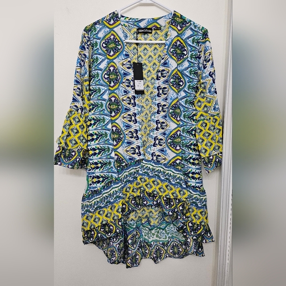 Tolani Collection Kimono Topper Blue Yellow Boho Ruffle Bell Sleeve Size Small - Picture 3 of 13